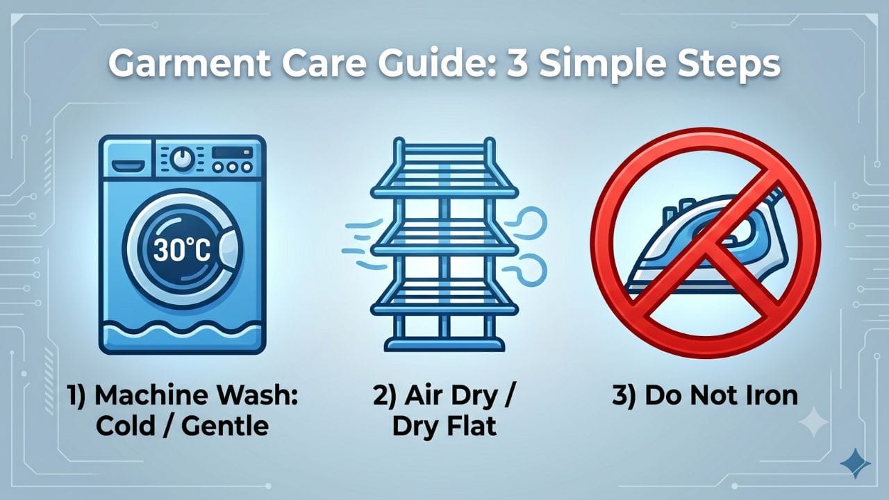 Clear instructional infographic illustrating correct laundry settings for synthetic fleece apparel