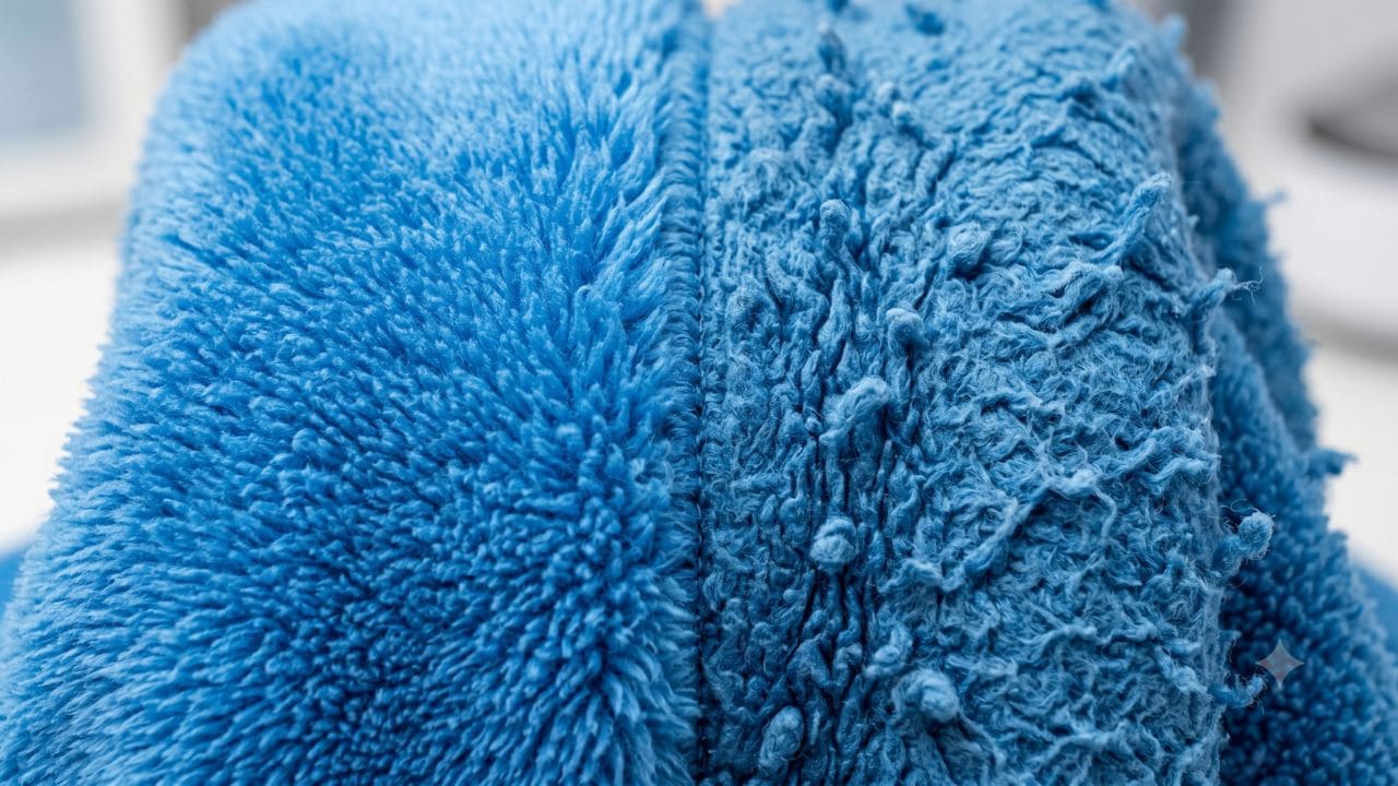 Macro side-by-side comparison of pristine, fluffy polyester fleece versus matted, pilled, and heat-damaged fleece