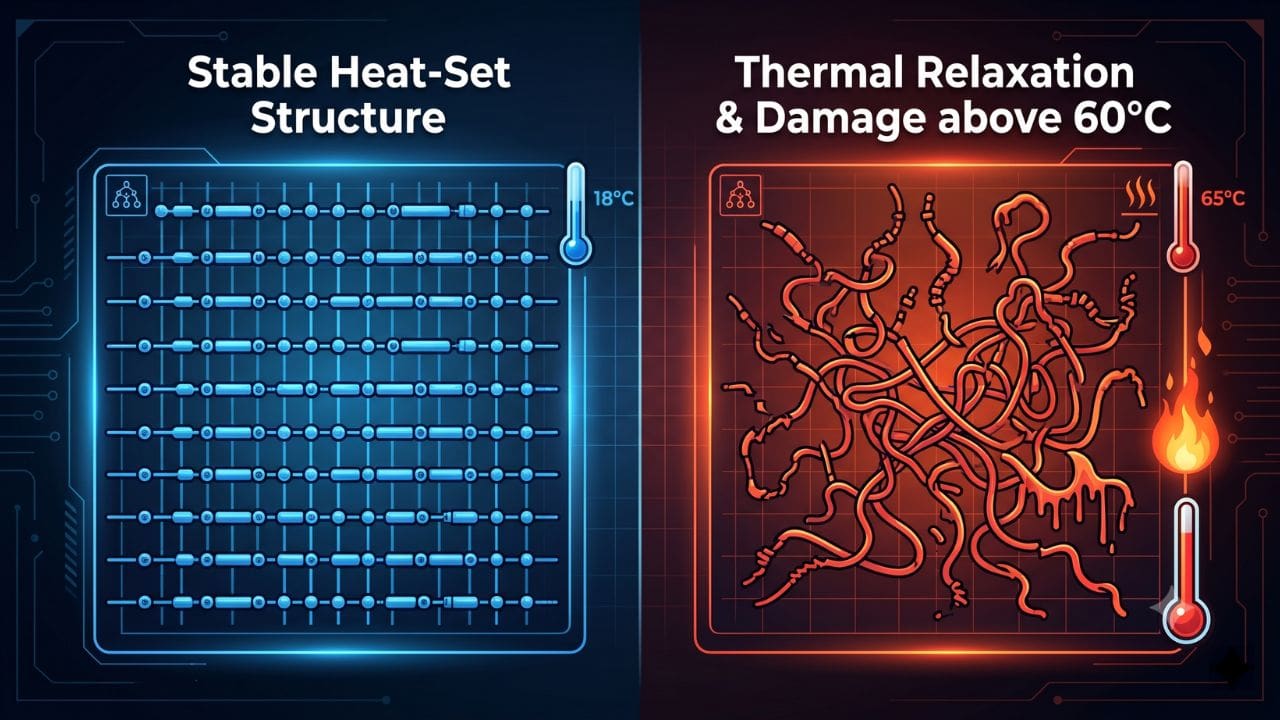 Scientific graphic demonstrating polyester fleece fiber structural integrity at low heat versus fiber relaxation and melting at high thermal exposure