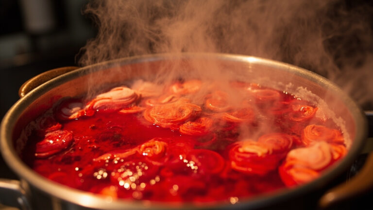 Wool yarn and silk fabric absorbing vibrant red acid dye in a heated stainless steel dye bath with steam rising