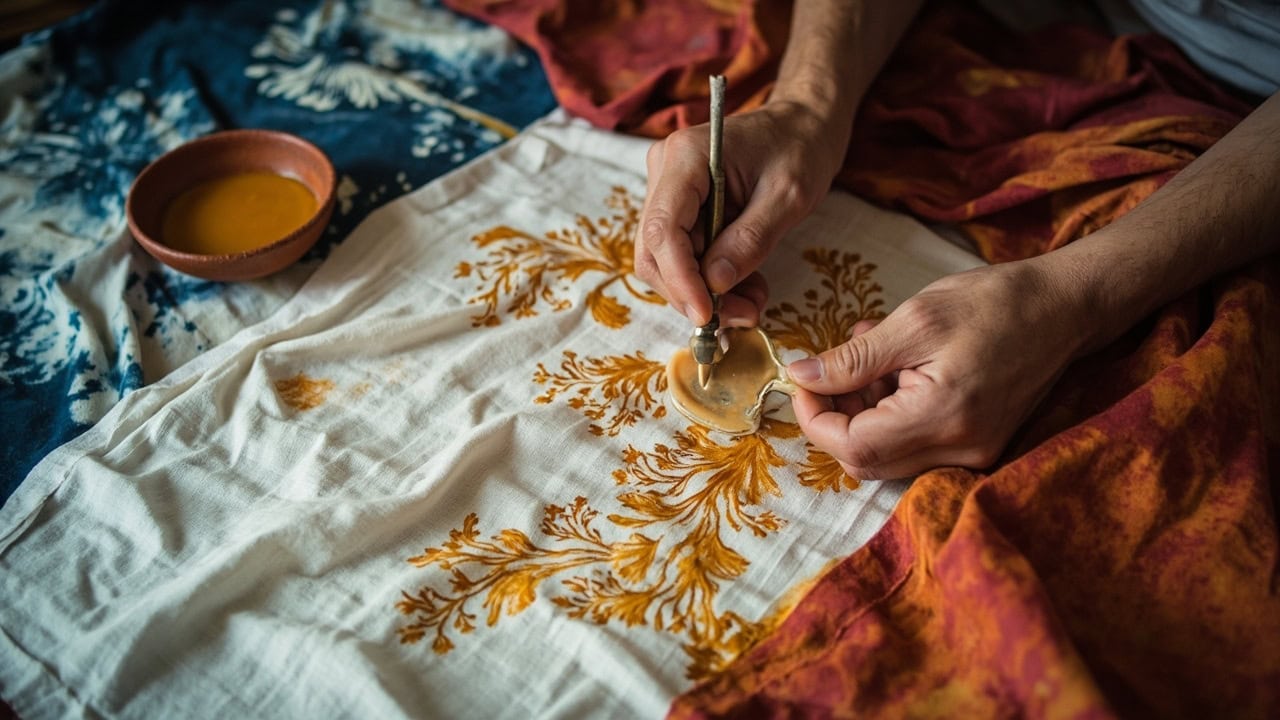 Traditional tjanting tool applying melted beeswax in floral pattern to white cotton fabric for batik dyeing