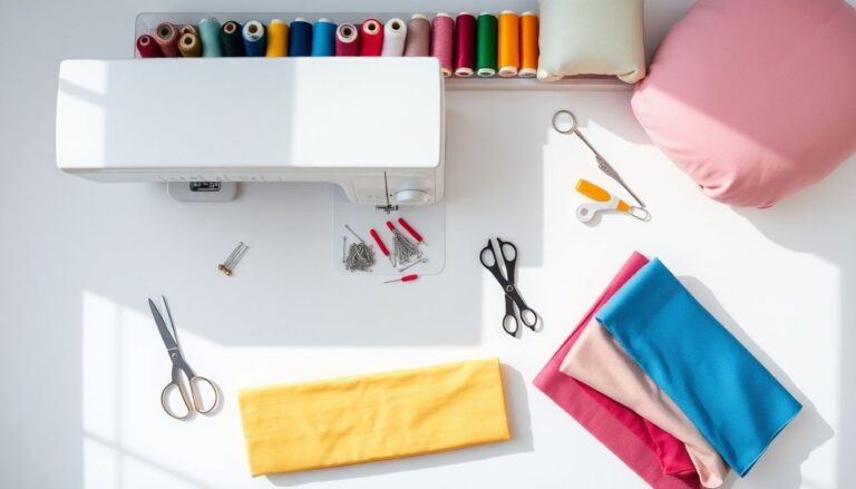 Complete sewing workspace overhead view showing sewing machine, thread spools, fabric scissors, pins, measuring tape, and colorful fabrics for beginners