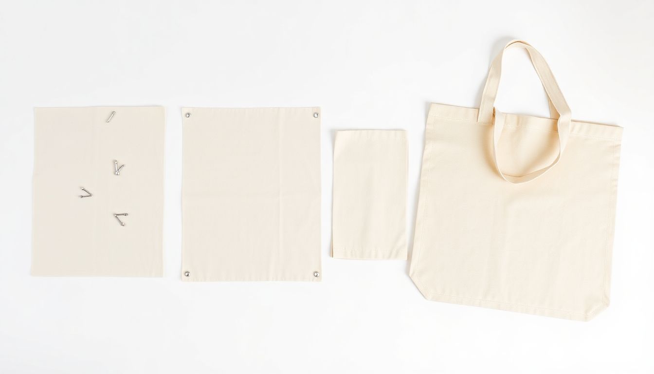 Photo sequence showing four stages of cotton tote bag construction: cutting fabric, pinning seams, machine stitching, and finished bag with straps