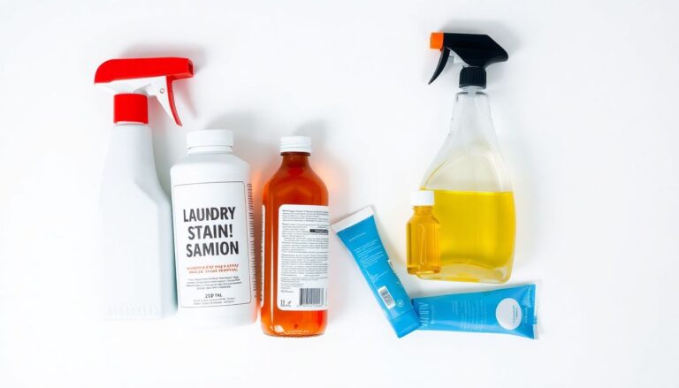 Stain removal product comparison flat-lay showing OxiClean, enzyme detergent, dish soap, Carbona, and hydrogen peroxide