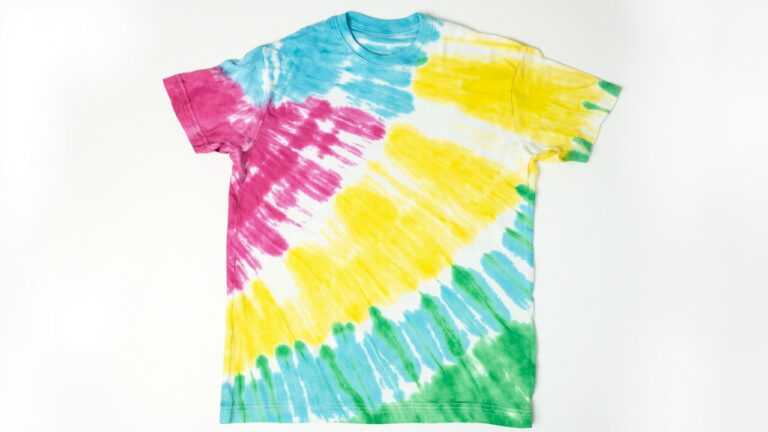 Bright multicolored tie dye shirt with vivid saturated colors and sharp white contrast lines between color zones
