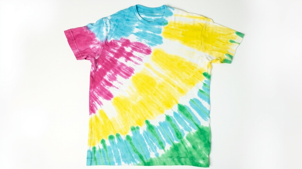 Bright multicolored tie dye shirt with vivid saturated colors and sharp white contrast lines between color zones