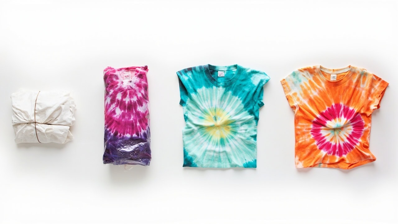 Photo sequence showing tie dye process from bound fabric through dye application and final bright color results