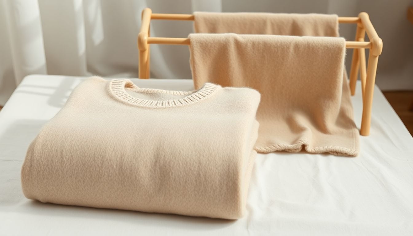 Luxury cashmere sweater and drying rack showing proper flat air-drying method for delicate cashmere garments