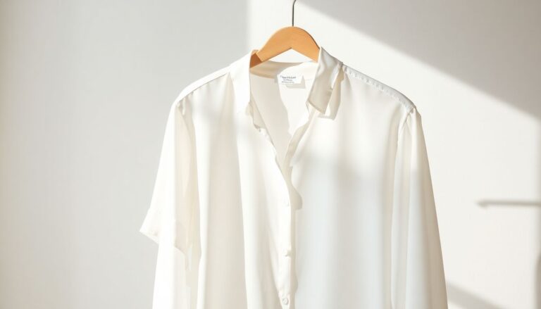 White silk blouse hanging on wooden drying rack demonstrating correct air-drying method for delicate silk fabric