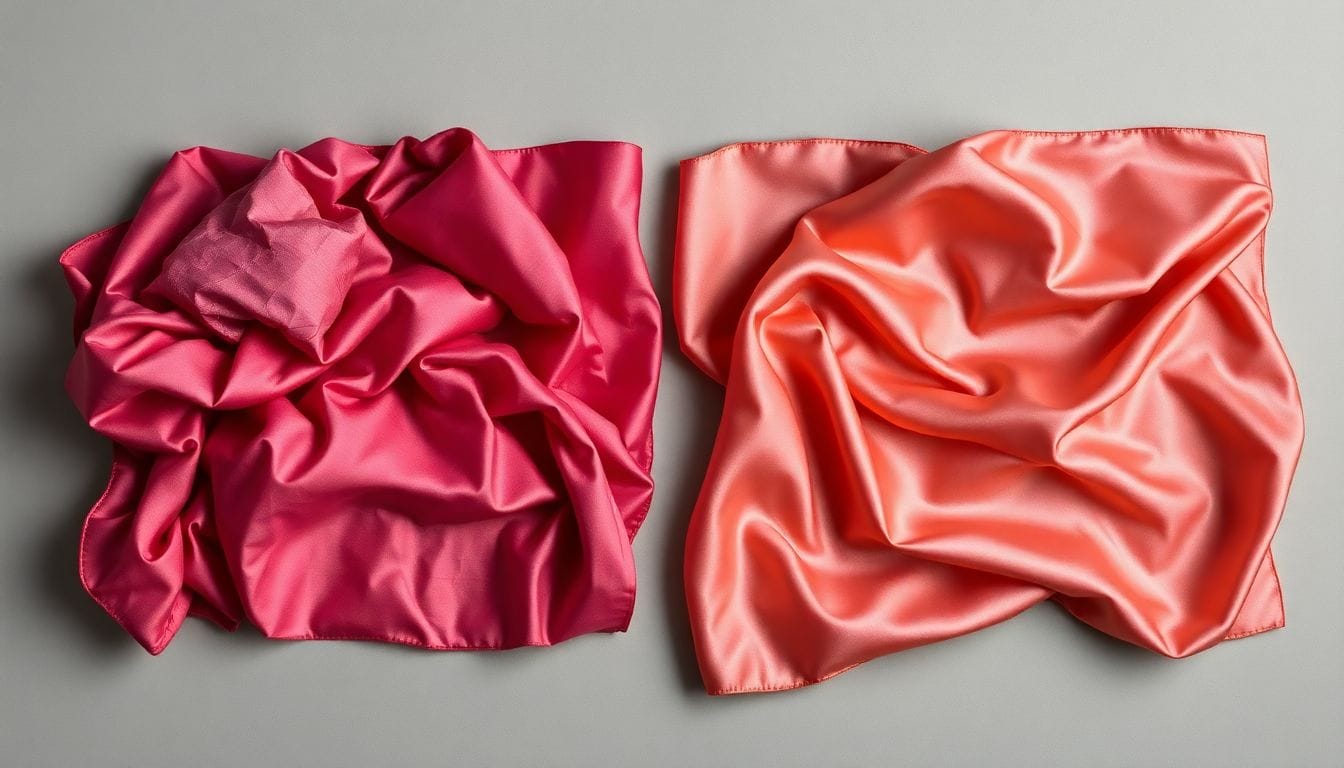 Comparison showing damaged silk fabric after tumble drying versus properly air-dried silk on a wooden rack