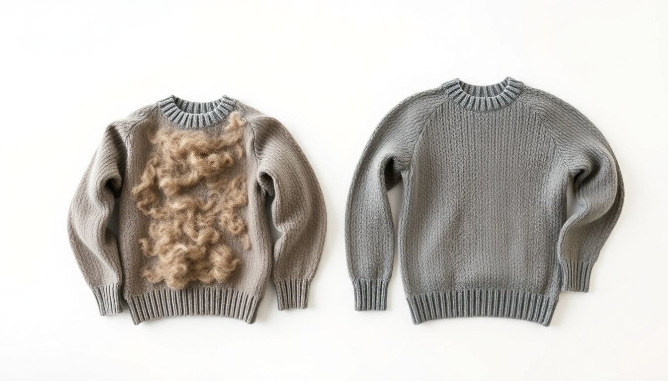 Comparison of tumble-dried shrunk wool sweater versus properly air-dried wool sweater showing felting damage