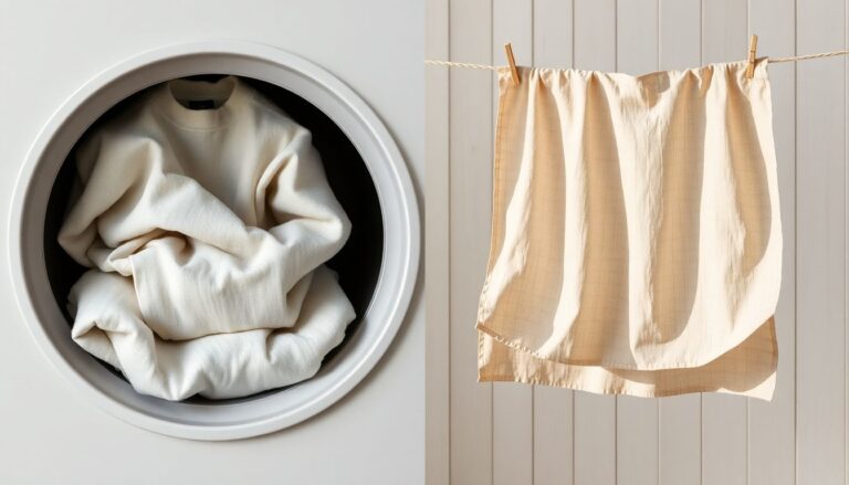 Split comparison of tumble drying linen in a machine versus air drying on a clothesline showing recommended methods