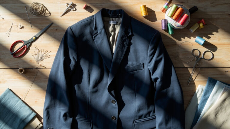 Professional sewing tools arranged around a navy blazer showing clothing alterations setup with measuring tape pins and thread