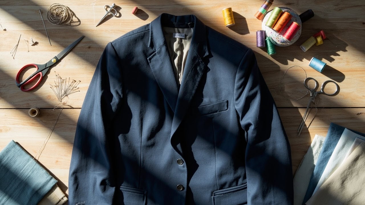 Professional sewing tools arranged around a navy blazer showing clothing alterations setup with measuring tape pins and thread