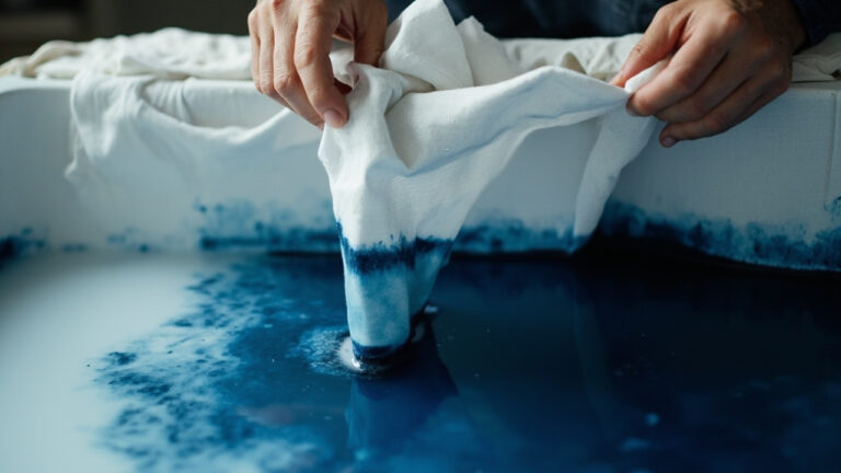 White cotton fabric being slowly lowered into indigo dye creating a gradient ombre effect in a crafts studio
