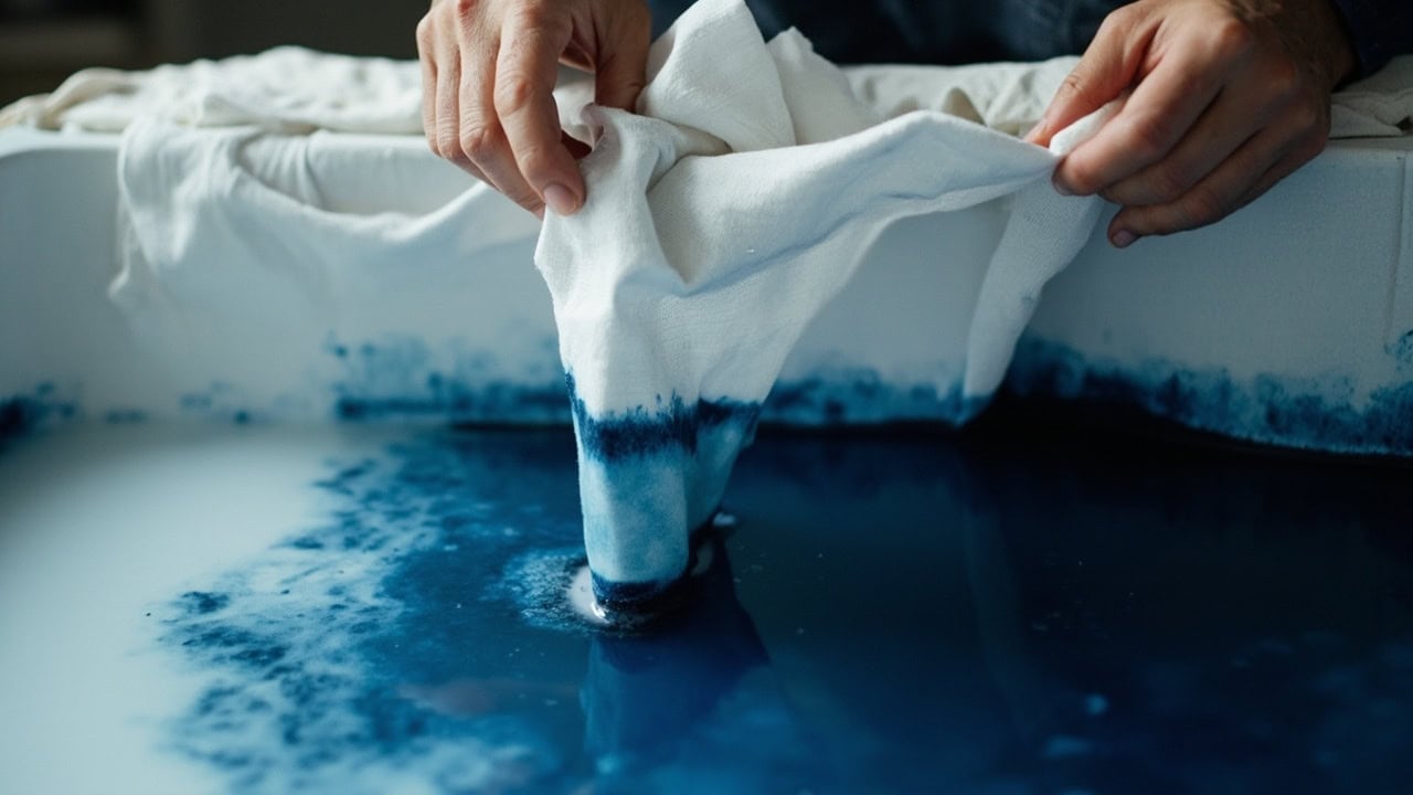 White cotton fabric being slowly lowered into indigo dye creating a gradient ombre effect in a crafts studio