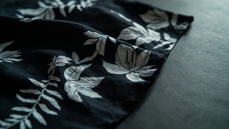 Black cotton fabric with white discharge-dyed floral geometric pattern showing clean color removal results