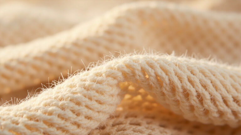 Close-up of acrylic knit fabric showing wool-like texture used in sweaters and knitwear
