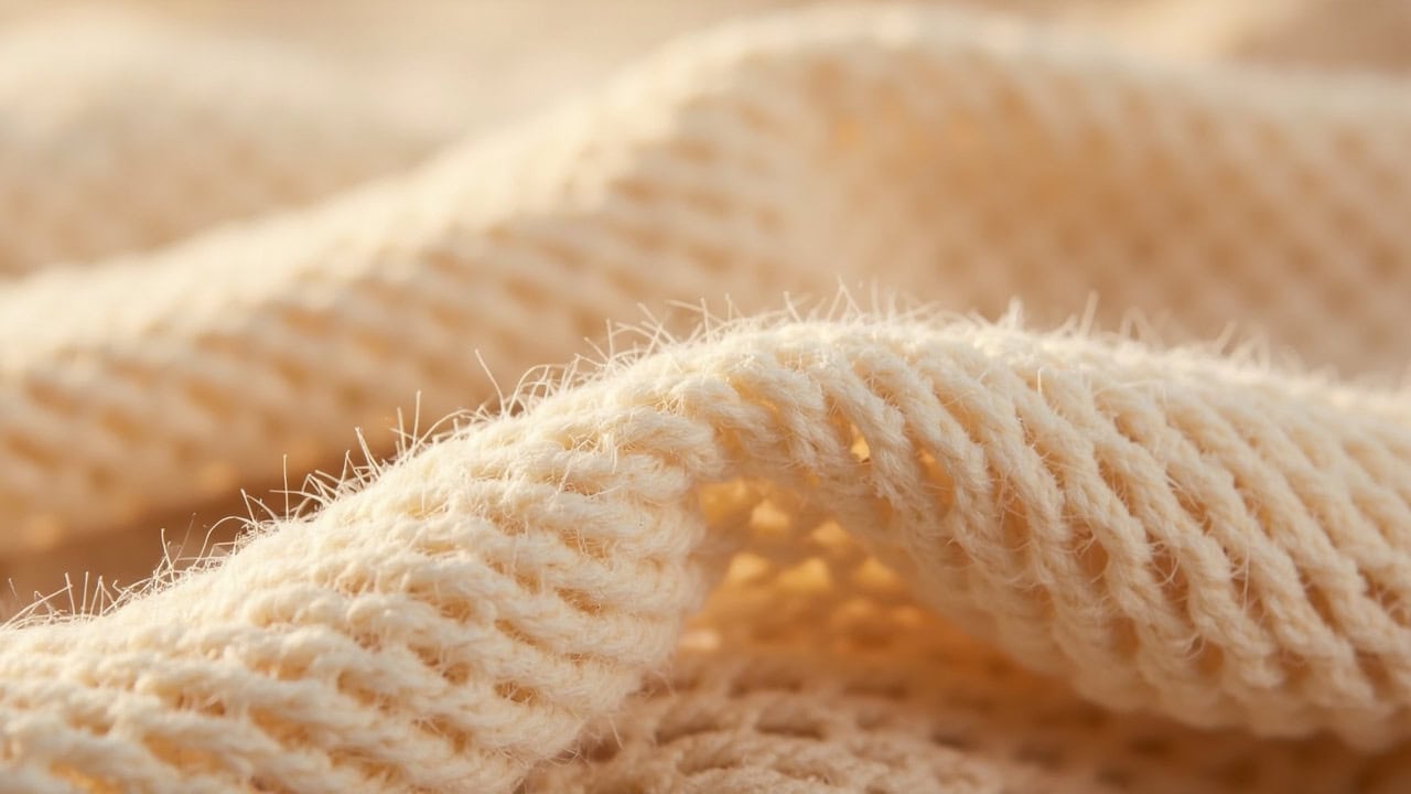 Close-up of acrylic knit fabric showing wool-like texture used in sweaters and knitwear