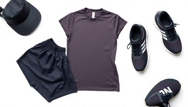 Adidas athletic wear including polyester performance shirt and shorts on white background