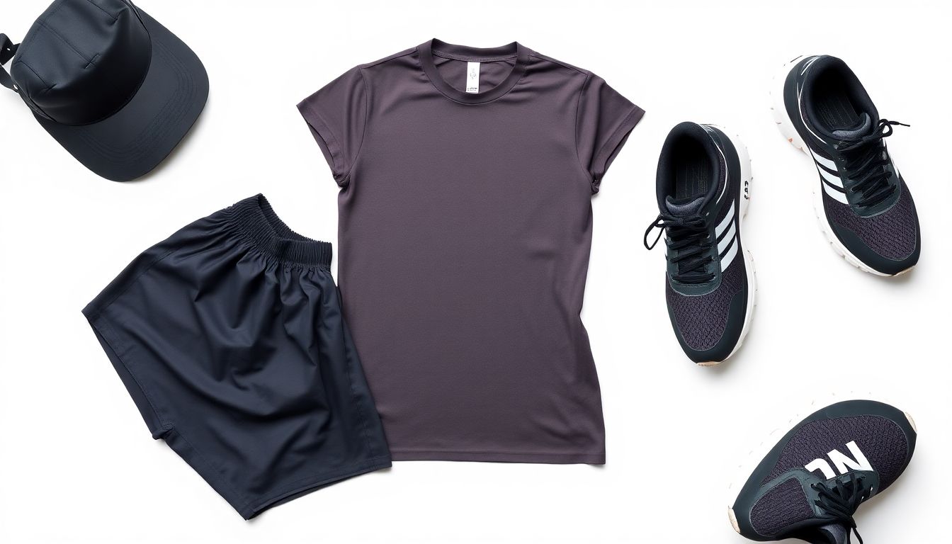 Adidas athletic wear including polyester performance shirt and shorts on white background