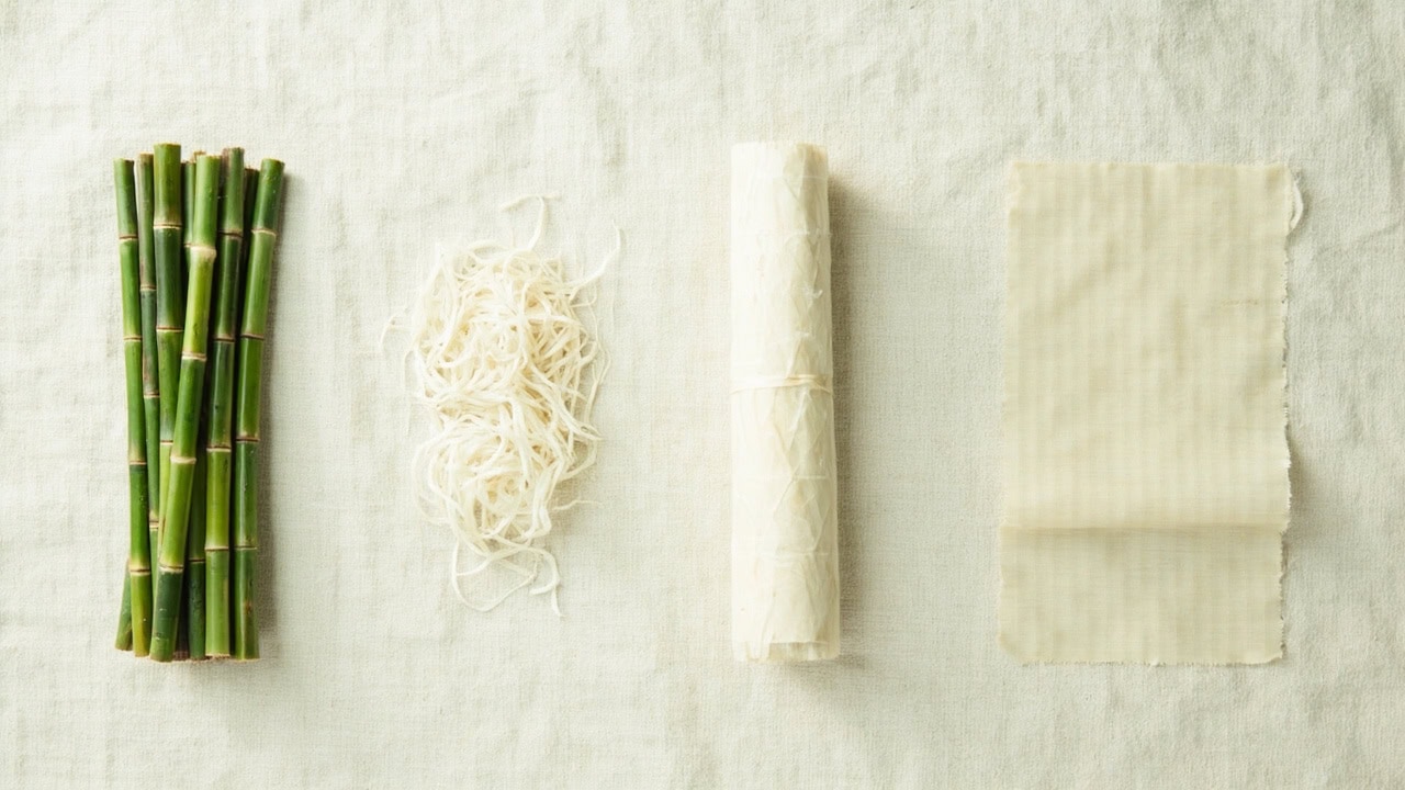 Infographic showing bamboo viscose production process from bamboo stalks to finished fabric