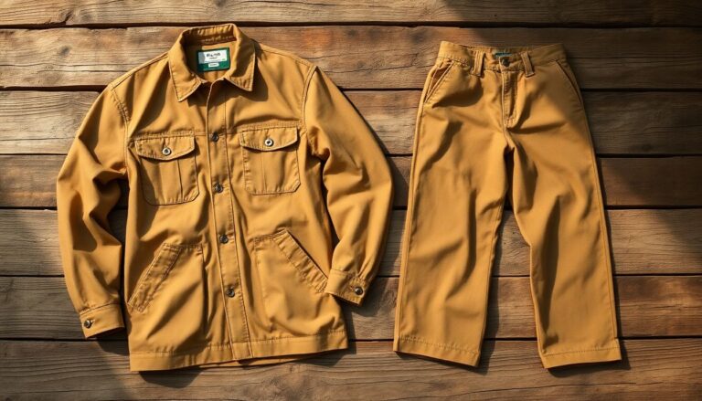Carhartt heavy duck canvas work jacket and pants showing thick woven cotton canvas workwear fabric