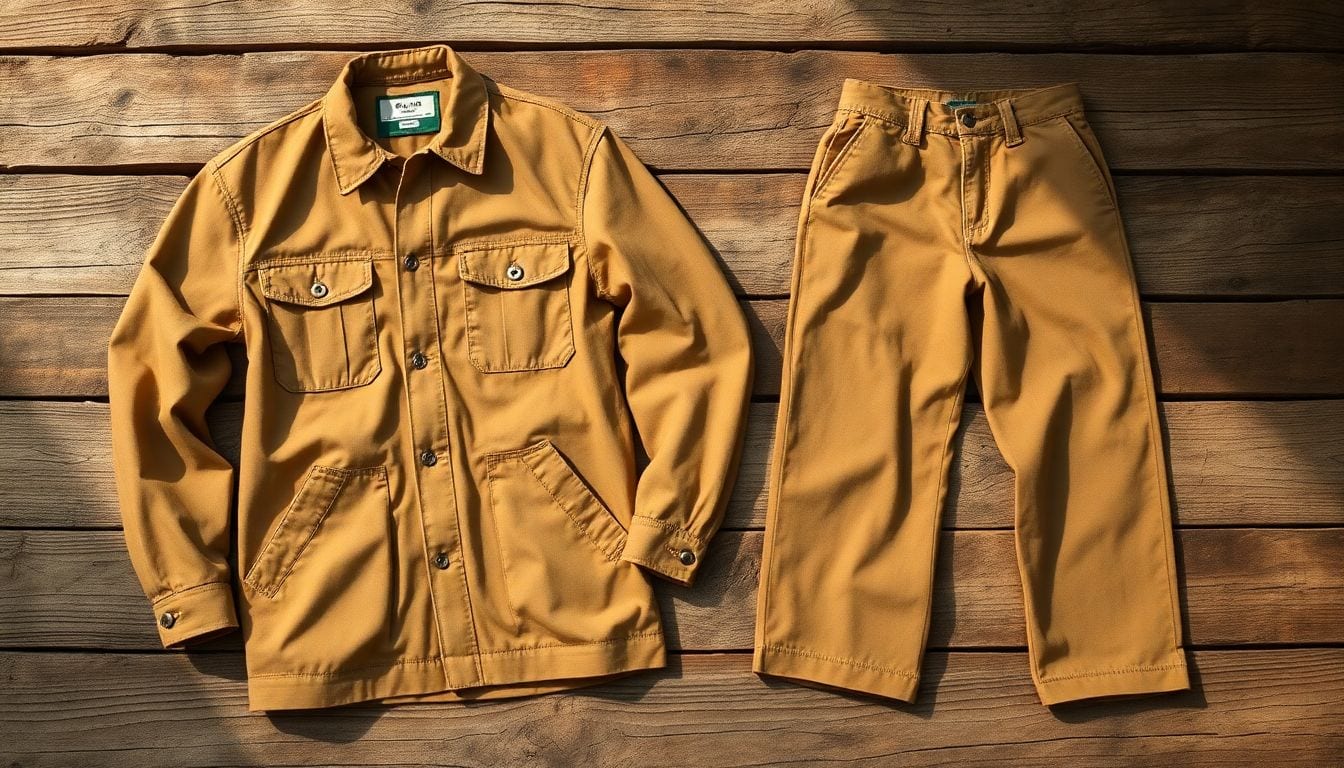 Carhartt heavy duck canvas work jacket and pants showing thick woven cotton canvas workwear fabric