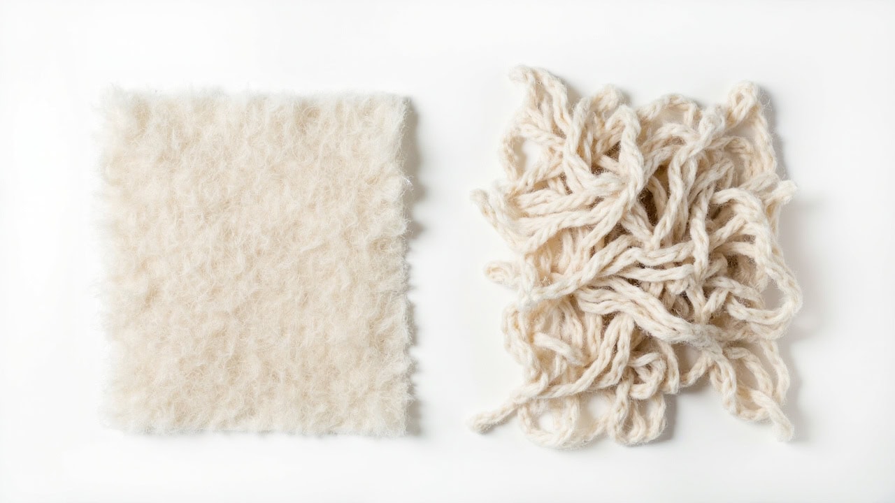 Diagram showing cashmere fiber scales flat in cold water versus interlocked after agitation causing felting