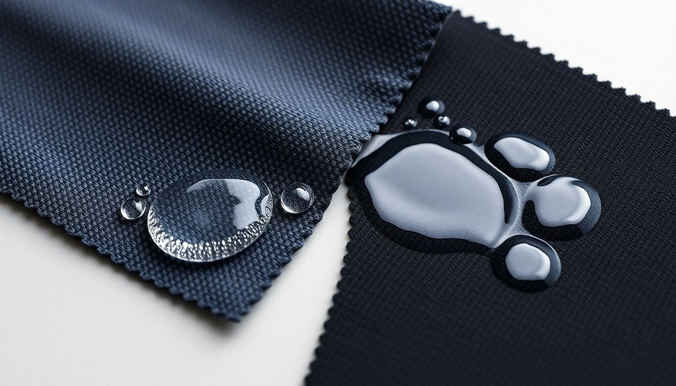 Comparison showing water beading on properly maintained DWR coating versus absorption on depleted DWR fabric