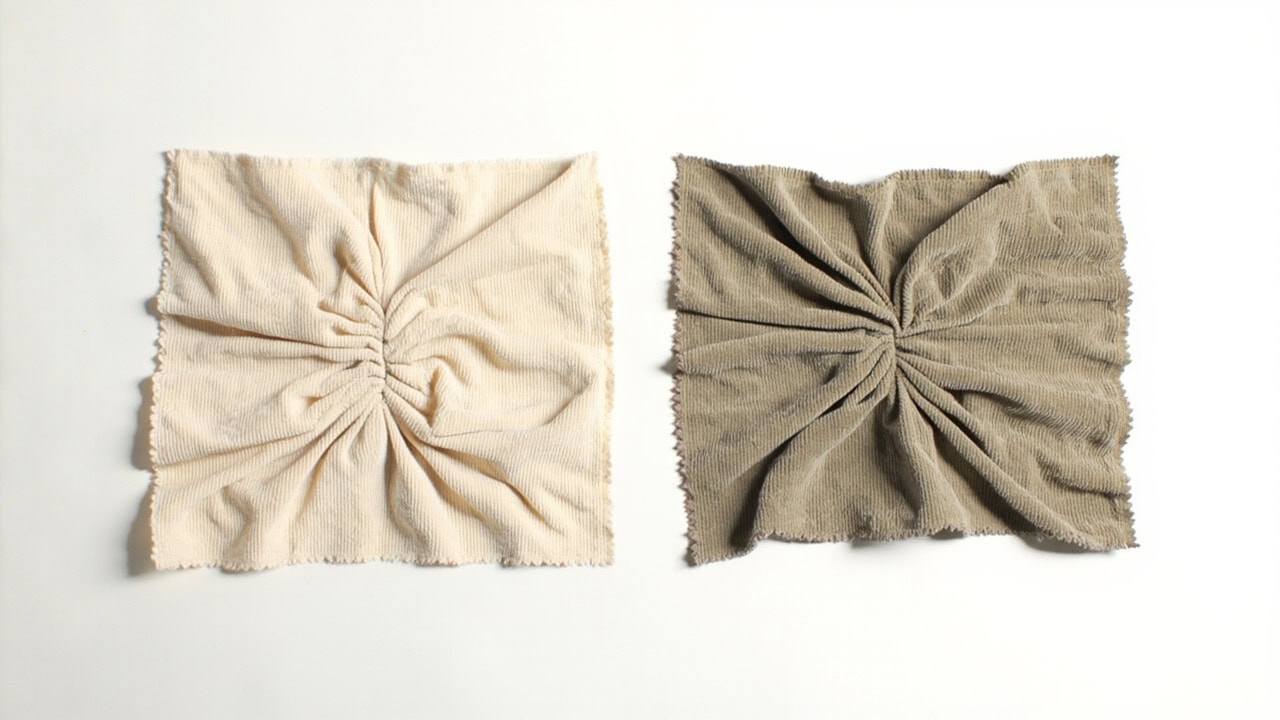 Corduroy fabric showing wale direction with arrows indicating lengthwise shrinkage axis