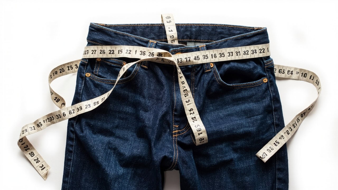 Dark indigo denim jeans flat-lay with measuring tape across waist showing pre-wash measurements