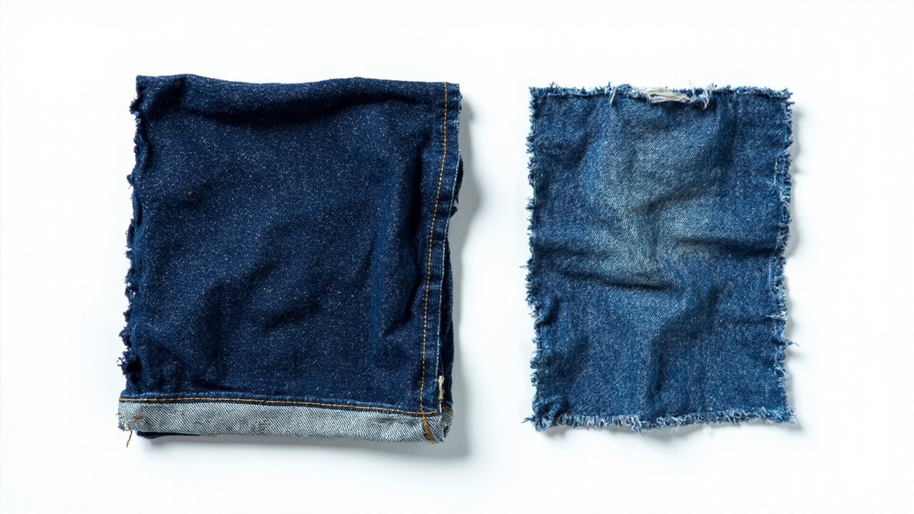 Split illustration comparing raw denim before washing and fitted jeans after first wash shrinkage