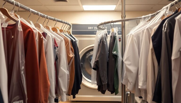 Professional dry cleaning establishment with garments in protective bags showing commercial cleaning process