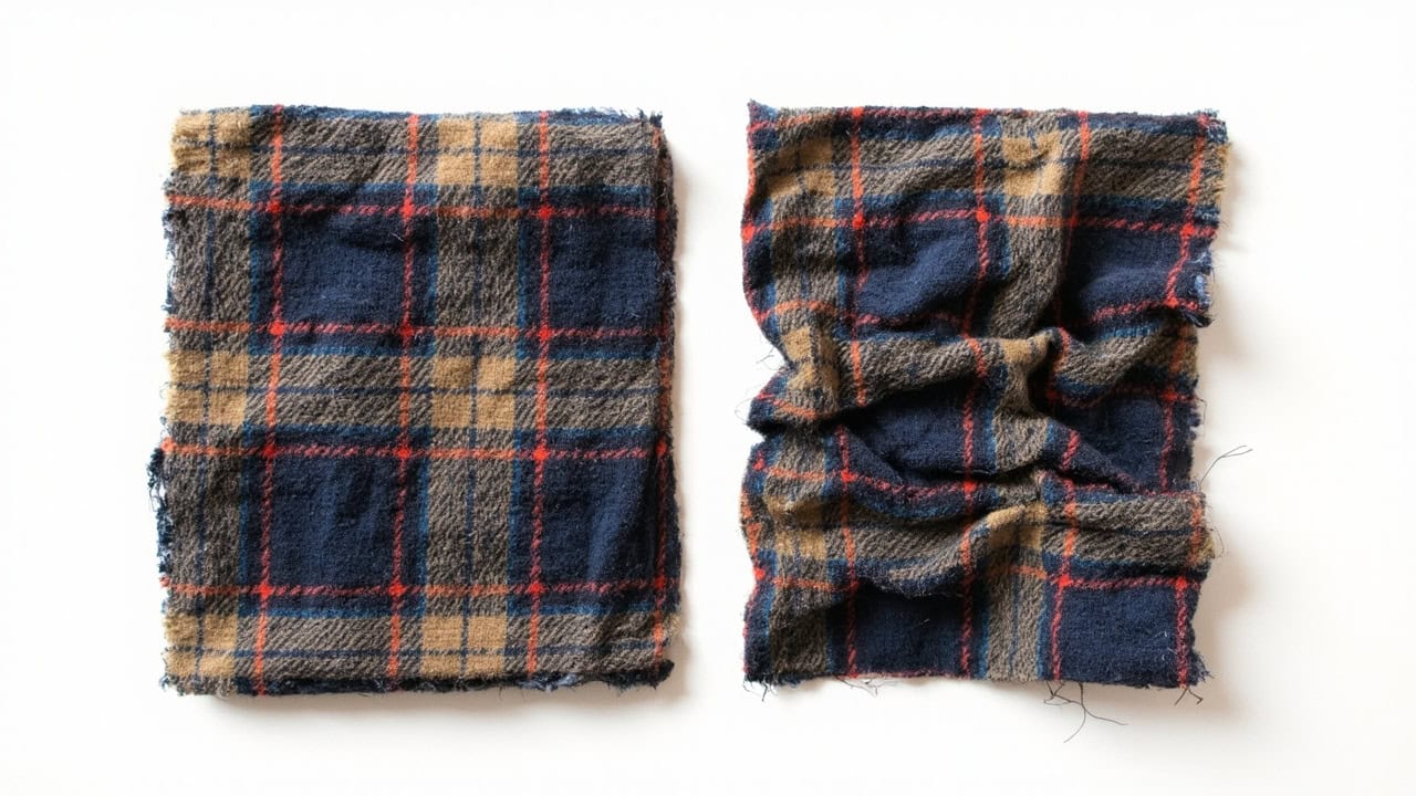Before and after comparison showing flannel fabric shrinkage after pre-washing with measuring tape