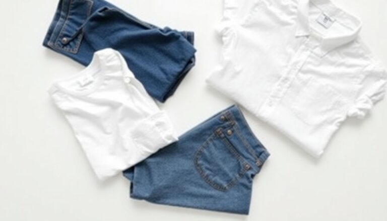 Gap-style casual clothing basics including denim jeans and cotton T-shirt with care labels visible