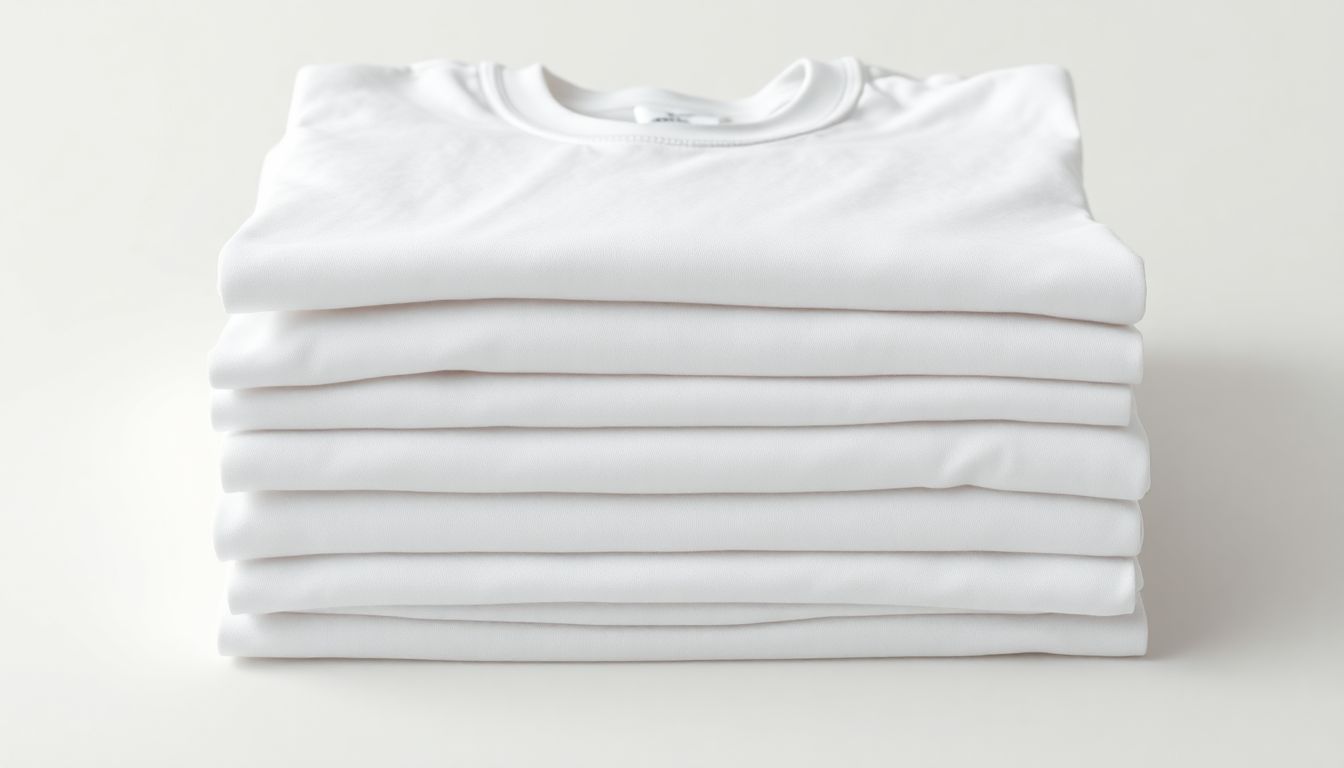 Stack of pre-shrunk Hanes cotton T-shirts with care label showing shrink-resistant labeling