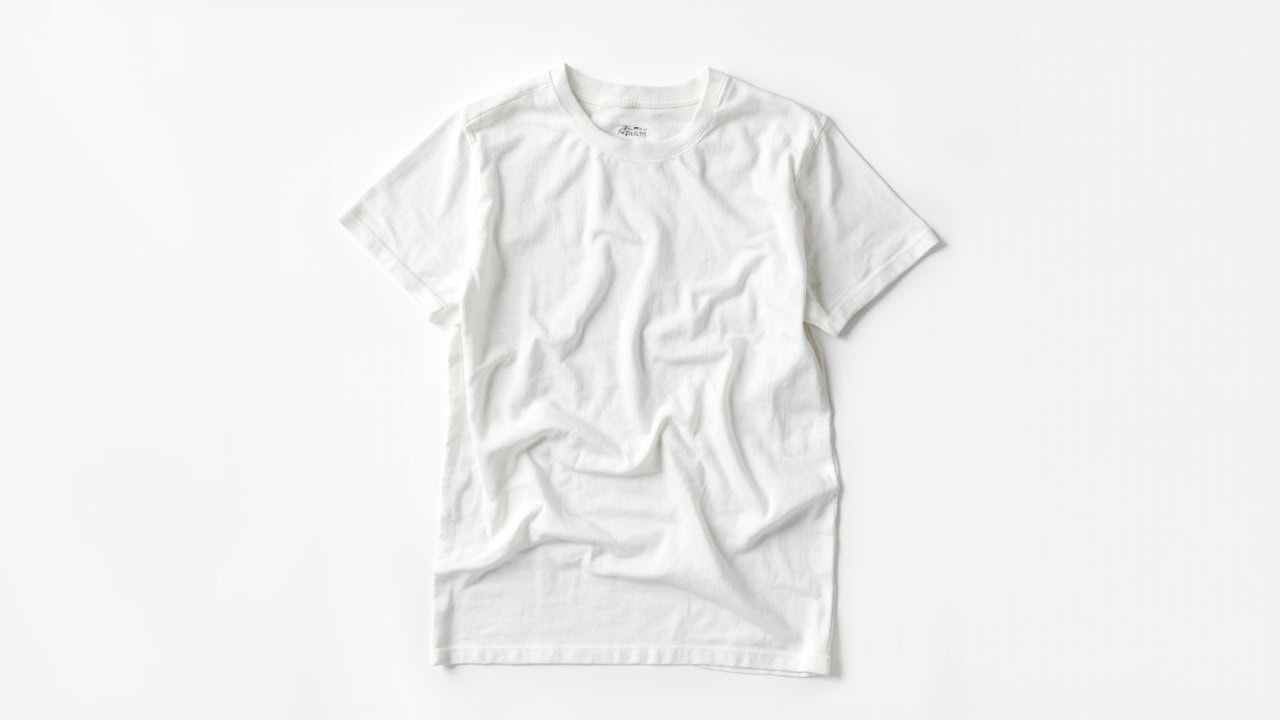 White cotton T-shirt flat-lay with measuring tape showing how to measure before and after washing for shrinkage