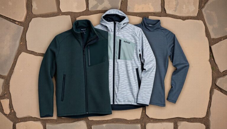 Patagonia-style outdoor gear including fleece and shell jacket showing technical fabric construction