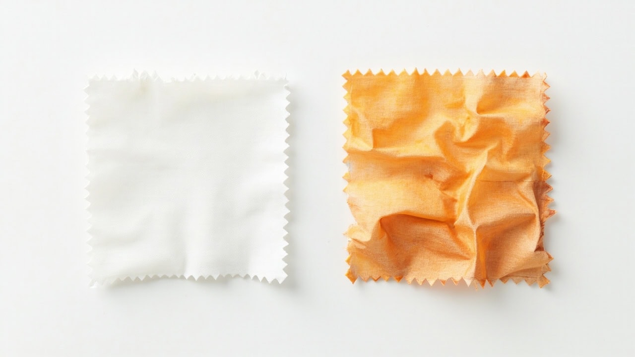 Comparison of polyester fabric before and after high-heat exposure showing thermal distortion