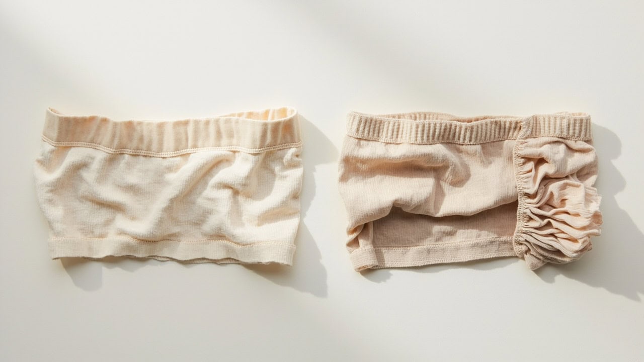 Diagram comparing normal spandex waistband versus heat-damaged stretched-out elastane waistband