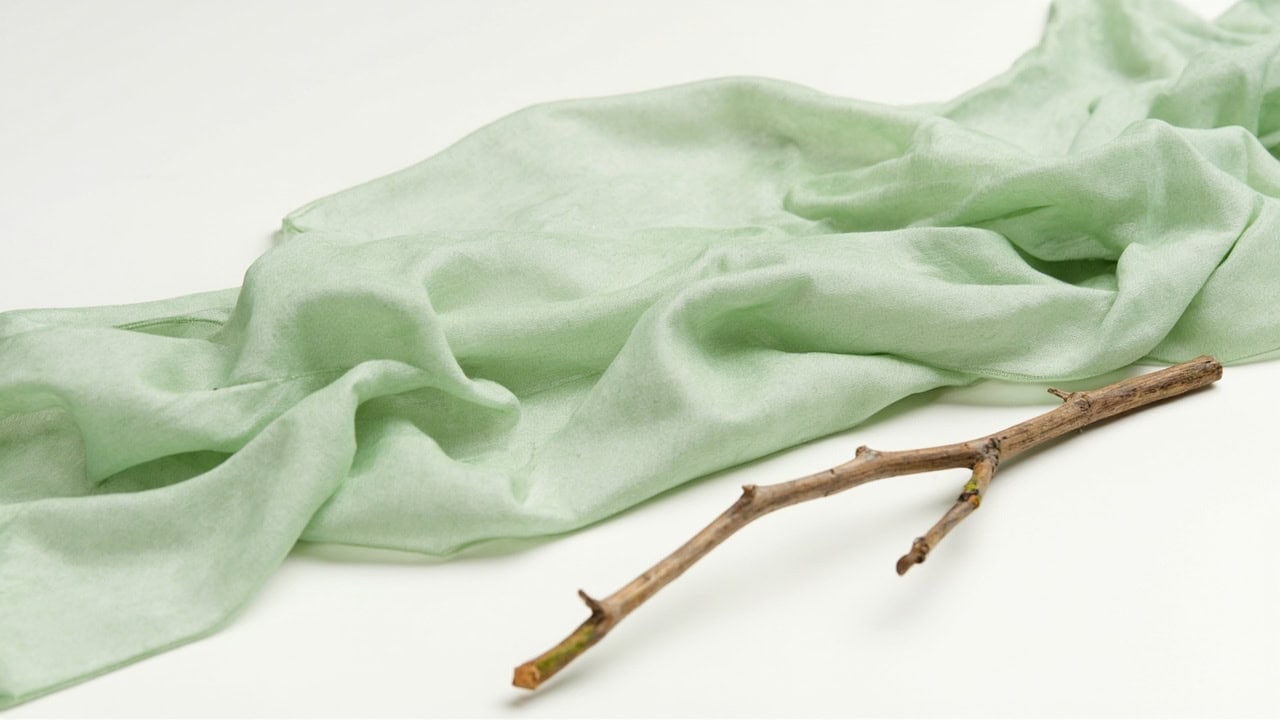 Tencel lyocell fabric drape in sage green alongside beechwood branch showing the eco-fiber source