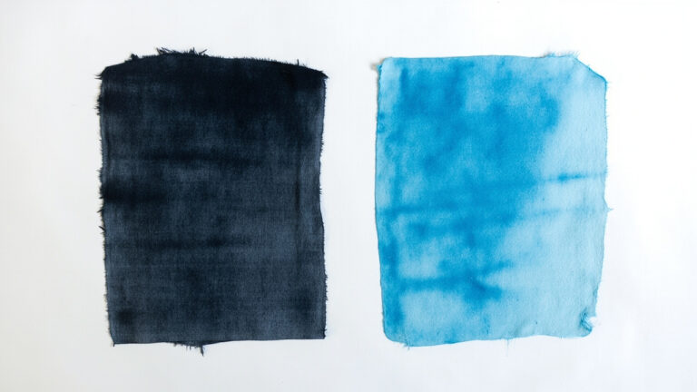 Comparison showing failed light blue dye on untreated black fabric versus successful dye result on color-removed black fabric