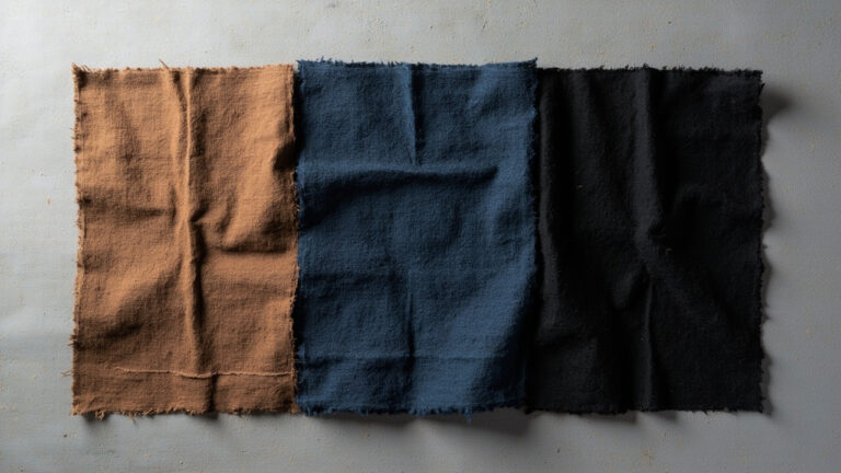 Brown fabric swatches showing successful overdye results in black and navy blue with visible color transformation