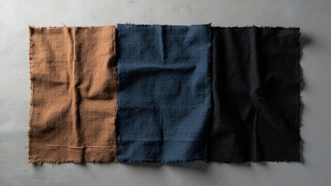 Brown fabric swatches showing successful overdye results in black and navy blue with visible color transformation
