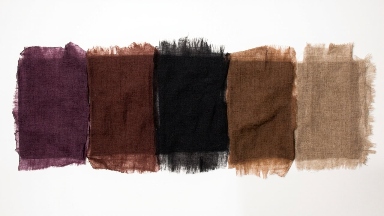 Fabric swatches demonstrating actual overdye results when dyeing over red fabric with dark colors