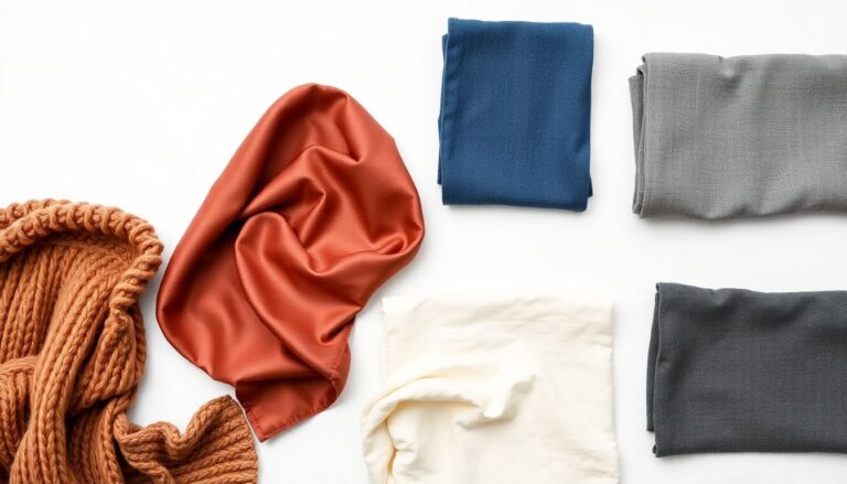 Collection of different fabric types including wool, silk, denim, and cotton arranged for fabric care guide