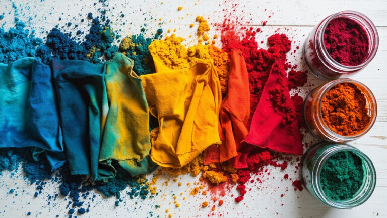 Fabric swatches in vibrant dyed colors alongside dye powders for fabric dyeing guide
