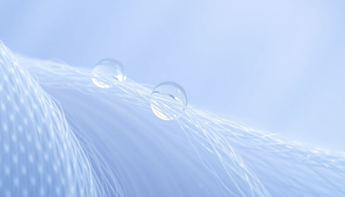 Microscope cross-section showing water-repellent coating layer on fabric fibers in scientific textile analysis style