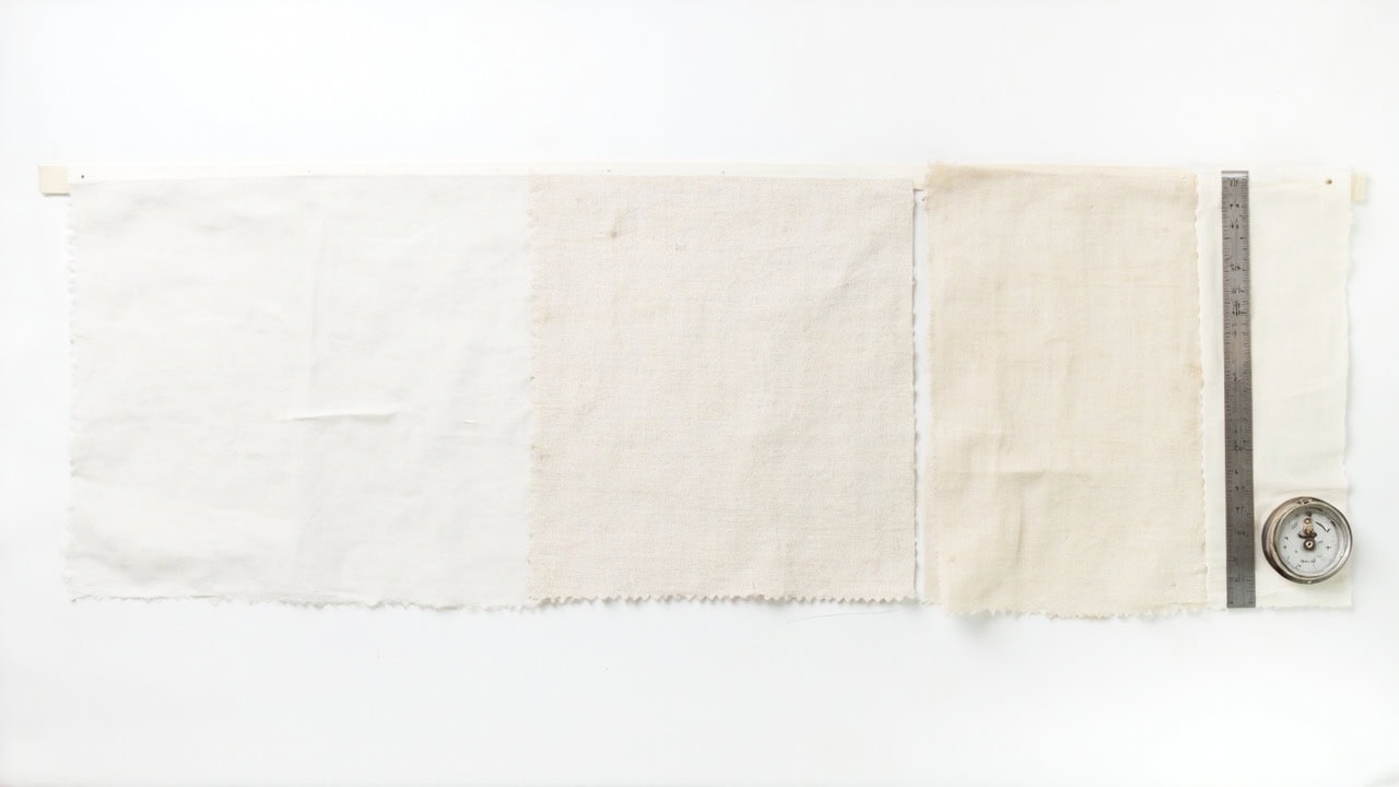 Five fabric swatches showing different GSM weights from 80 to 320 GSM arranged with ruler and scale for comparison